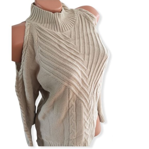 HOST PICK  new Cable Knit Mock Neck Cold Shoulder Sweater Pullover khaki M - Picture 1 of 8